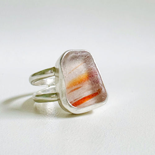 Striped Orange Multi Color Sea Glass Ring