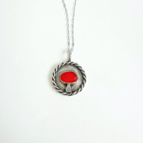 Red Sea Glass Mushroom Pendant – Sterling Silver