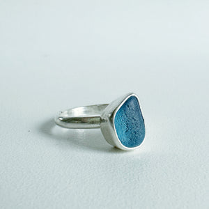 Small Moody Steel Blue Sea Glass Ring
