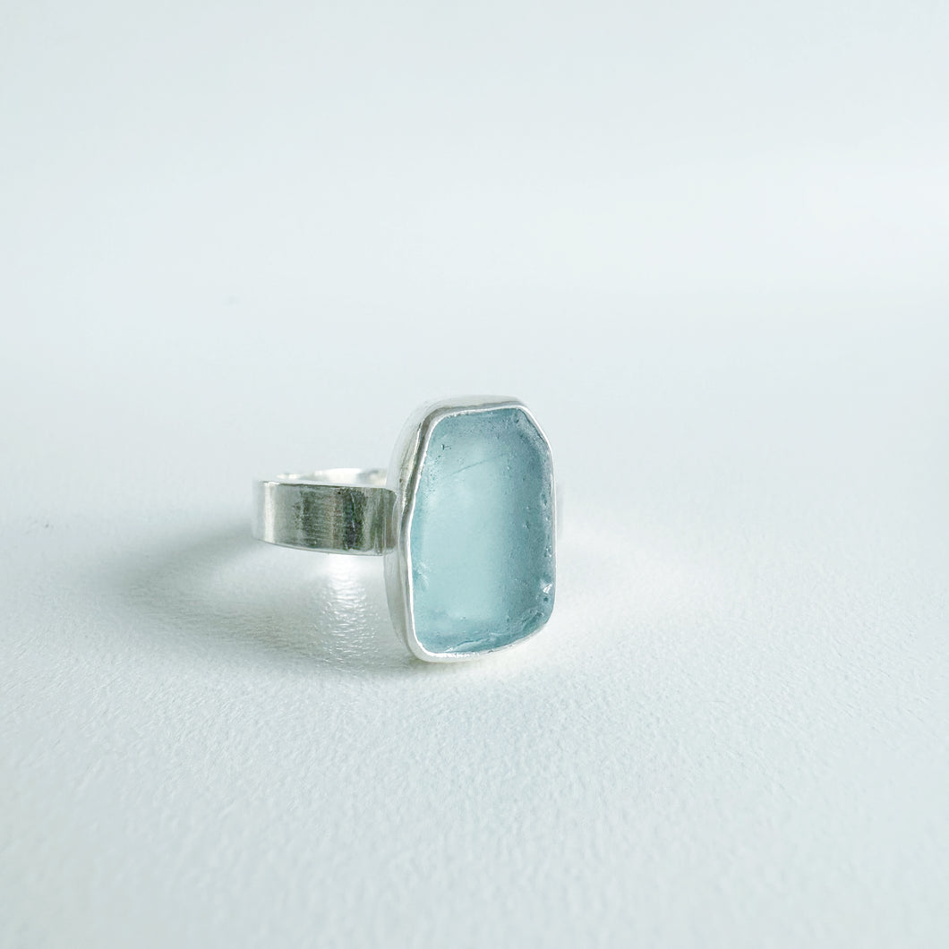 Rectangular Aqua Blue Sea Glass Ring
