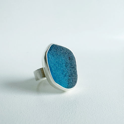 Deep Turquoise Blue Sea Glass Ring