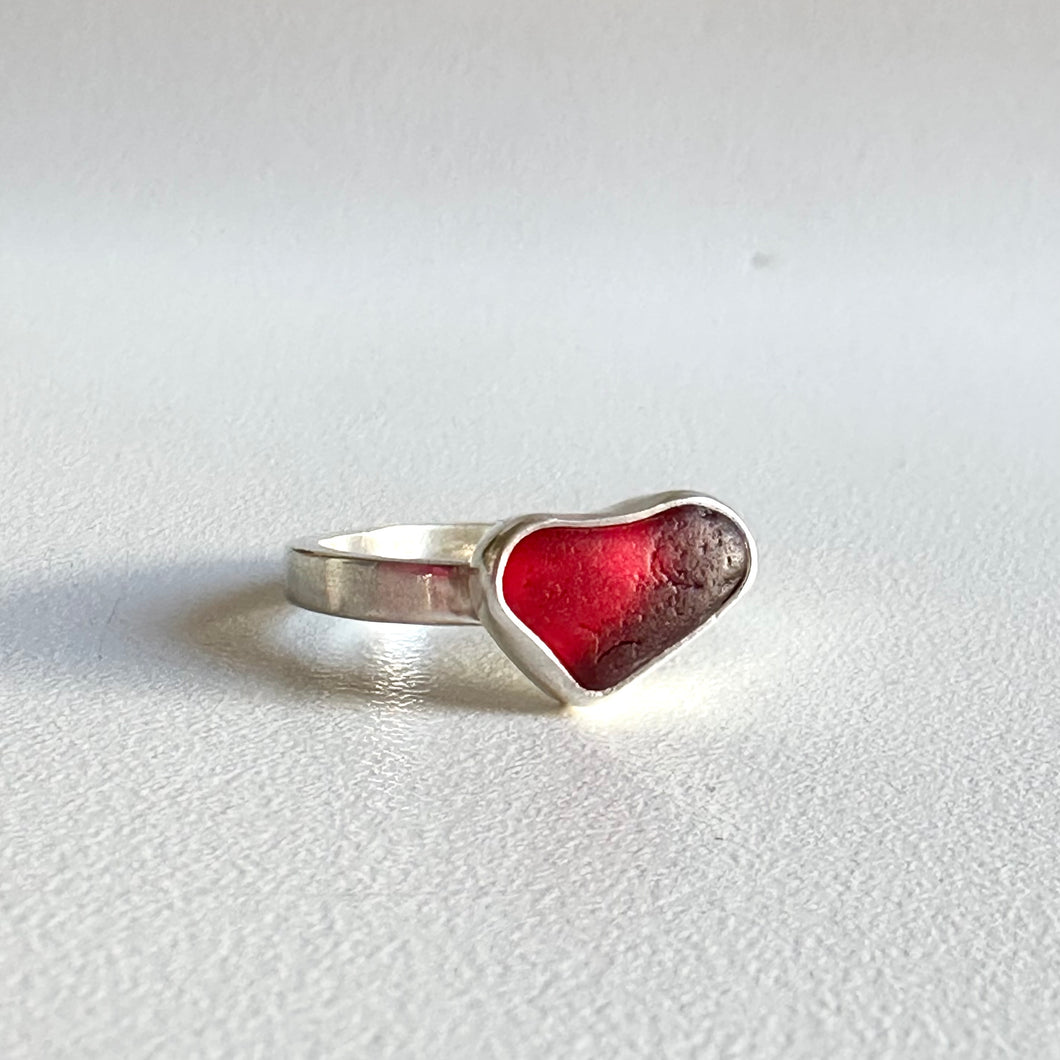 UV Red Sea Glass Heart Ring