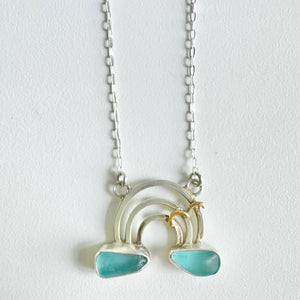 Aqua Blue Sea Glass Rainbow and Seagull Pendant Necklace