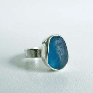 Medium Moody Steel Blue Sea Glass Ring