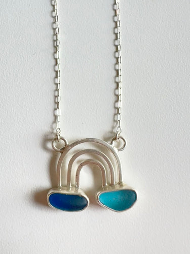 Turquoise and Cobalt Rainbow Sea Glass Pendant Necklace