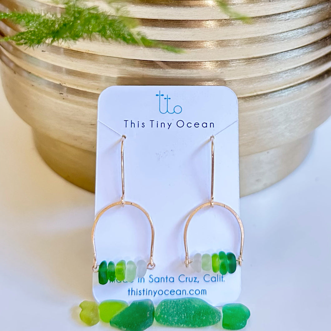 14K Gold Fill & Green Dangling Sea Glass Earrings