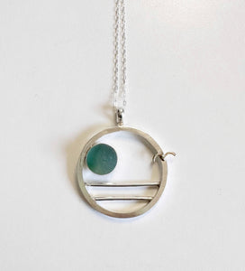 Large Teal Sea Marble Sunset & Seagull Pendant Necklace
