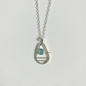Aqua Sea Glass Tear Drop Sunset and Seagull Pendant Necklace