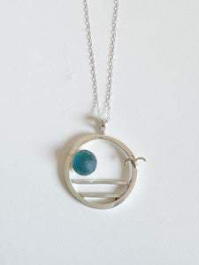 Medium Size Bright Teal Sea Marble Sunset & Seagull Pendant Necklace